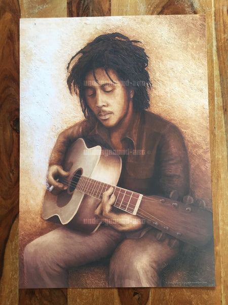 original oil painting poster of Bob Marley with guitar playing reggae - excellent quality - exclusive to underground-art.co.uk